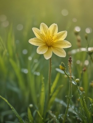 春天，清晨，一朵黄色的小花特写，其他五颜六色的小花虚化，露珠，小草，背景虚化，自然光，45度角侧向光，微距拍摄，,暖白色