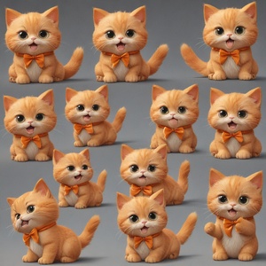 A cute chubby orange kitten, Multiple facial expressions, different emotions. various poss and expressions emoticons. 6 emoticons, variousexpressions, eating, make a bow, Work, 3D Clay stylear3:4 v 6.0