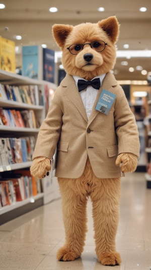 一只泰迪狗，拟人化，穿着时尚，背着书站在商场