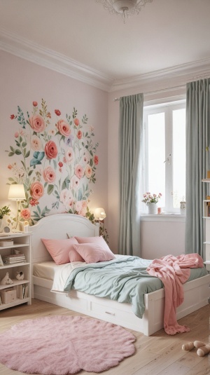 children's room,single bed,flower style,fantasy,8k