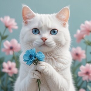 https:s.mj.rund8y2mKmQANI a white cat with a blue flower in its hand, in the style of colorful animation stills, qian xuan, highly detailed, cute and dreamy, 32k uhd, concept art, light pink and cyan