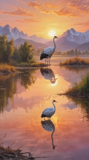 美丽的新疆贝塞尔湖，日出，湖水波光粼粼，两只丹顶鹤在觅食，浪漫的现实主义风格，印象派风景，发光的风 景，写意绘画，幻想风景