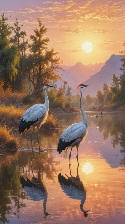 美丽的新疆贝塞尔湖，日出，湖水波光粼粼，两只丹顶鹤在觅食，浪漫的现实主义风格，印象派风景，发光的风 景，写意绘画，幻想风景