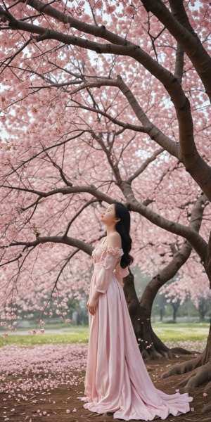 一树树的樱花树，落樱缤纷，梦幻的童话世界，一个美丽的穿长裙中国少女站在树下仰望树上落花