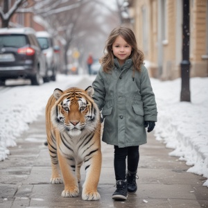 下雪天，一个Q版的可爱小女孩，牵着一只东北虎，走在大街上。