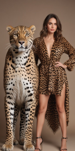 一只豹子穿着人类的短裙，站立着，一位美女穿着豹子纹裘皮上衣，摆出模特亮相姿势，一幅美女与猛兽合影。