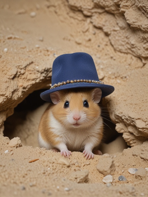 戴着帽子 脖子戴着项链 的棕色的小仓鼠从沙子上的洞穴洞口中窥视，大胆的色度风格，彼得·祖姆托，flickr，淡金色和靛蓝，伊丽莎白·加德，自然现象，凯伦·克诺尔