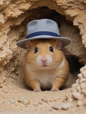 戴着帽子 的棕色的小仓鼠从沙子上的洞穴洞口中窥视,脖子戴着项链，大胆的色度风格，彼得·祖姆托，flickr，淡金色和靛蓝，伊丽莎白·加德，自然现象，凯伦·克诺尔