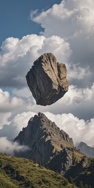 一块大石头在半空中，周围都是云朵后面有若隐若现的山峰