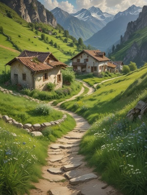 山村，一条蜿蜒小路，小路两边是嫩绿的小草和星星点点的小花，花海,，明媚的阳光洒在小路上，油画效果，