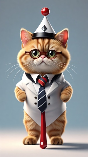 优雅、可爱、毛茸茸、苗条的加菲猫。侯爵，穿着得体，打着领带，眼睛晶莹剔透。有趣的面部表情，夸张的动作。3D人物，拉长造型，卡通风格，白色背景，极简