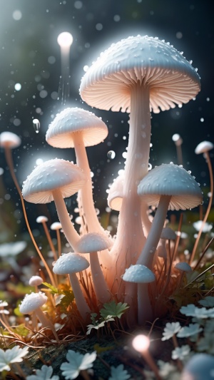 奇幻梦幻的白色小蘑菇内部发光