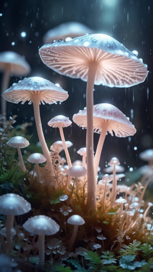 几朵白色小蘑菇，仰视，通透，发光，植物纹理，蘑菇发光，内部发光，奇幻，梦幻，微距镜头，大师作品，超高清画质，