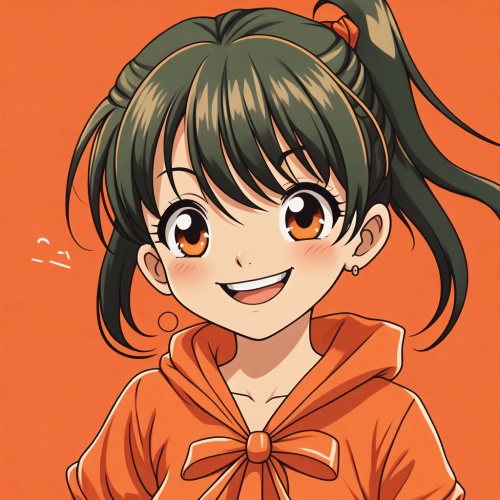 二次元 Q版 女孩子 微笑 很可爱 正面  穿漂亮的橙色衣服