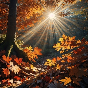 阳光透过树叶洒在地面上，形成斑驳的光影，如诗如画。