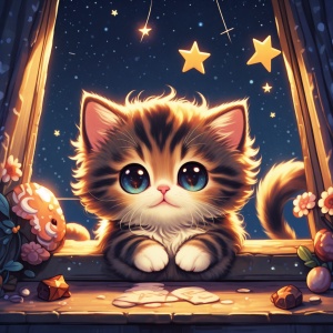 可爱的小猫，在窗台，看星星