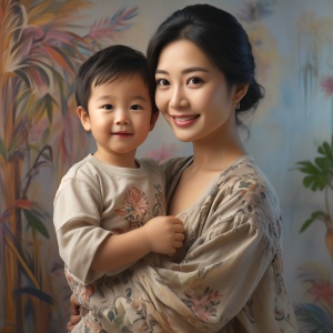 美丽的妈妈和逗人喜爱的宝贝儿子，妈妈抱着一个小男孩，亲子照片，中国人，看起来非常愉快与一个干净的背景柔软平滑的色调8K 3d传染媒介