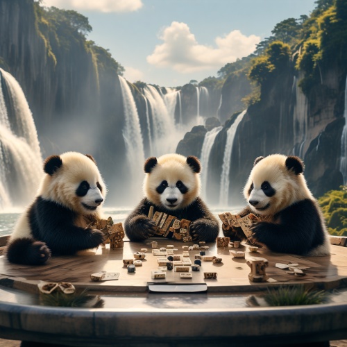 黄果树瀑布下，三只可爱的熊猫宝宝坐在圆桌正在打麻将，面带微笑，天空明亮，摄影，8k，高清