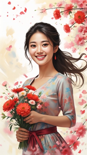 庆祝三八妇女节快乐的宣传画，年轻漂亮中国女子，手捧鲜花微笑。