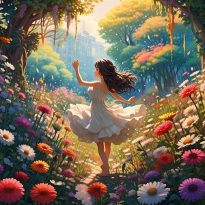 正值盛夏，百花齐放，一位美少女在百花从中翩翩起舞。清风拂柳。美丽的花卷由此产生。