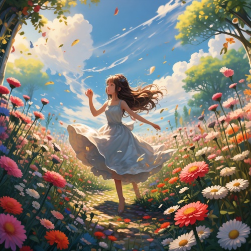 正值盛夏，百花齐放，一位美少女在百花从中翩翩起舞。清风拂柳。美丽的花卷由此产生。