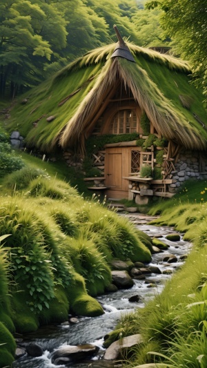 草屋的茅檐又低又小，溪边长满了碧绿的小草。