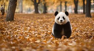 一只穿着时尚秋季外套的熊猫，用双脚站在公园里的落叶上，模仿人类欣赏秋天景色的姿态。
