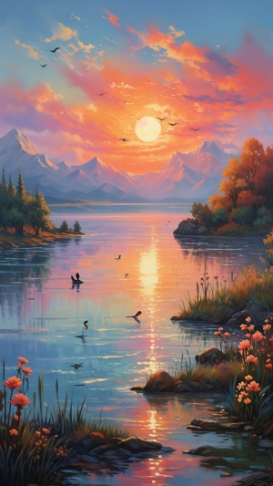美丽的新疆贝塞尔湖，日出，湖水波光粼粼，两只丹顶鹤在觅食，浪漫的现实主义风格，印象派风景，发光的风 景，写意绘画，幻想风景，星光灿烂，辉煌腾达，鸟飞，