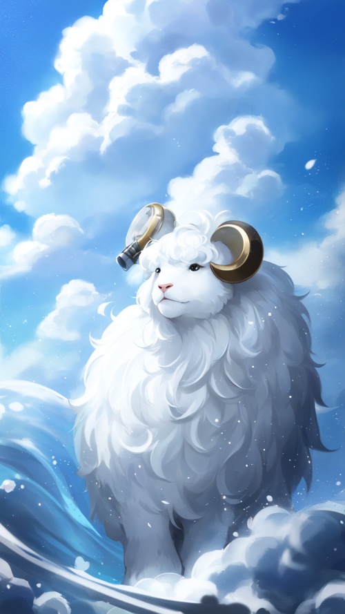 白羊在白色背景上，上面有白云在羊的脚下，以传统技术的风格重新构想，喷枪艺术，动画风格