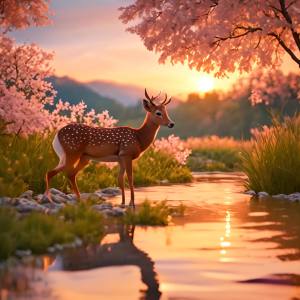 夕阳西下，一只可爱的小梅花鹿，在樱花树下的溪边喝水，采用动漫风格，色彩柔和，浅色系，线条细腻，充满梦幻气息。背景橘黄色的夕阳，营造出优雅祥和的感觉。它具有动画风格的高分辨率和详细细节