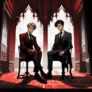 2个男人，黑红哥特风背景，一个男人坐在椅子上，另一个穿黑西装的男人站在椅子后，负手站立，英俊帅气，发色不同。