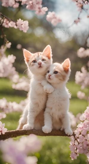 两个小猫咪在公园一起荡秋千，笑眯眯，樱花盛开的公园。