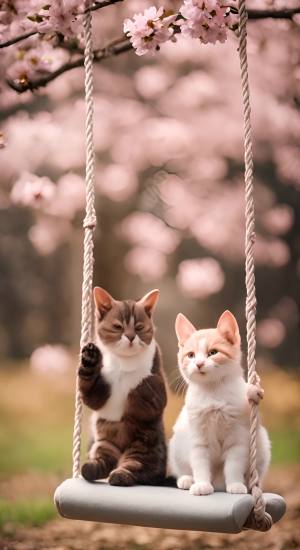 两个小花猫咪在公园一起荡秋千，笑眯眯，樱花盛开的公园，32K，HD。