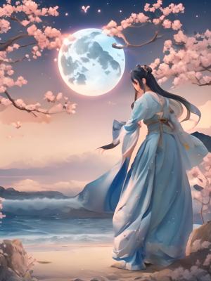 一只蓝色的蝴蝶在一个穿着汉服的女生边翩翩起舞，他们的身后是月亮和大海。