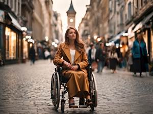 一位坐轮椅的美女向热闹的步行街走去。摄像效果，背对镜头，华灯初上