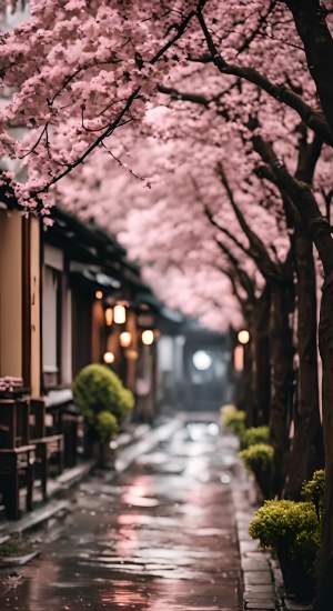 一条有江南特色的小巷，樱花飘落，下着雨，很梦幻，很诗意