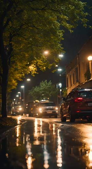 春天夜晚下雨的街道，路人行走的背影，马路有车辆行驶，街道两旁有树，相机真实拍摄效果