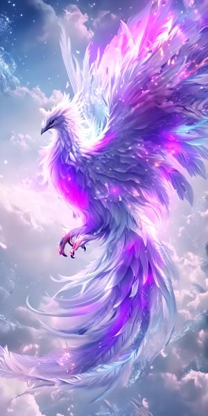 紫色凤凰缓缓煽动翅膀，周围祥云流动，场景梦幻