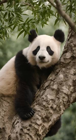 一只熊猫在树上爬