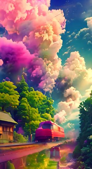 火车，云，树