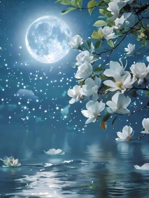 月亮逐渐从水中升起，璀璨星光，水波荡漾，微风吹过花间