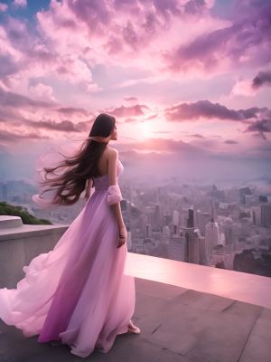 爱心型云朵，粉紫色渐变天空，流动的小溪，后面是繁华的城市，一个一个长直头发的白色初恋连衣裙女孩在那里站着，看着远方，头发被风吹动着，十分治愈的场景