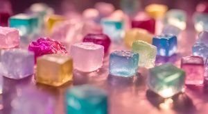 Closeup of colorful ice cubes with floral patterns, sparkling and shining on the background of rainbow water in pastel colors, creating an atmosphere of fantasy and magic. The background is blurred, creating a dreamy effect. High resolution photography style with high detail and quality. The overall color palette features soft pinks, blues, greens, and purples, giving it a magical and ethereal feel in the style of fantasy art. --ar 67:120