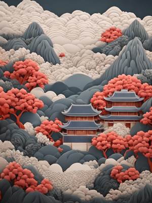 中国剪纸风格，拨开祥云，出现层层叠叠的山，山上开满了花，花挡住视线
