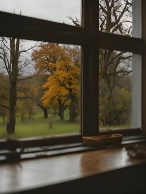 风景视频，从室内看窗外风景，风雨交加，窗外树木飘摇，风吹落叶
