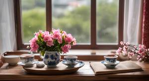 中式装修的房子，窗台前的桌子上放着茶杯，书本和鲜花，窗外下着大雨，树叶随风摇动。超高清，超广角，超真实，相机真实拍摄效果
