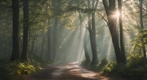 雨后清晨，林间小道，几缕阳光透过树丛，镜头缓缓前进