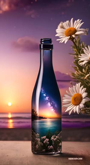 一个漂亮的玻璃瓶，里面装着星河世界，树木，花草，银河系，放在桌子上，背景是夕阳下的沙滩，梦幻，唯美，文艺，史诗级画面，真实摄影质感，高清8k