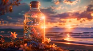 海浪轻轻拍打，瓶子闪闪发光，风轻轻地吹动着花朵