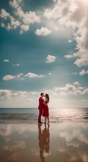 美女夫妻两个穿着红色的游泳衣在海边亲热，男的深情的亲吻女的，女的回应着，蓝天白云火烧云火辣辣的太阳